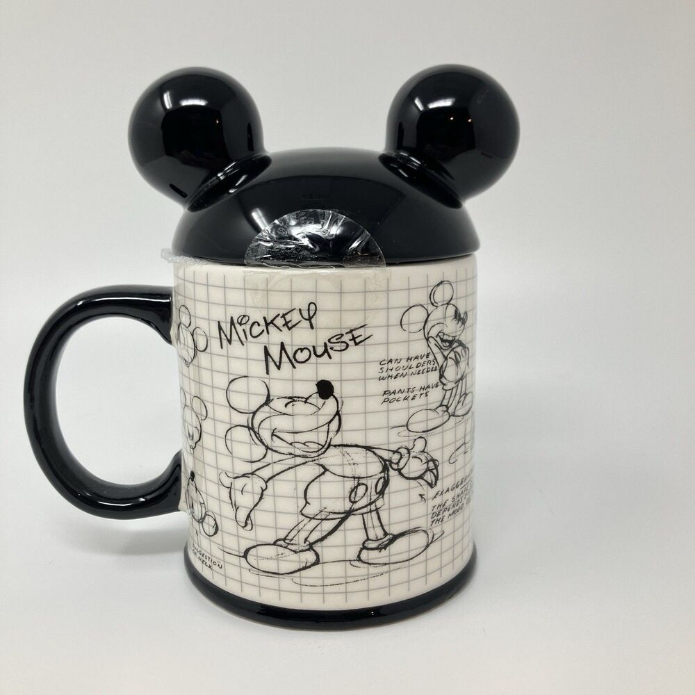 Disney Mickey Mouse Sketch Mug Black White Ears Lid Animation Drawing Ceramic 3D